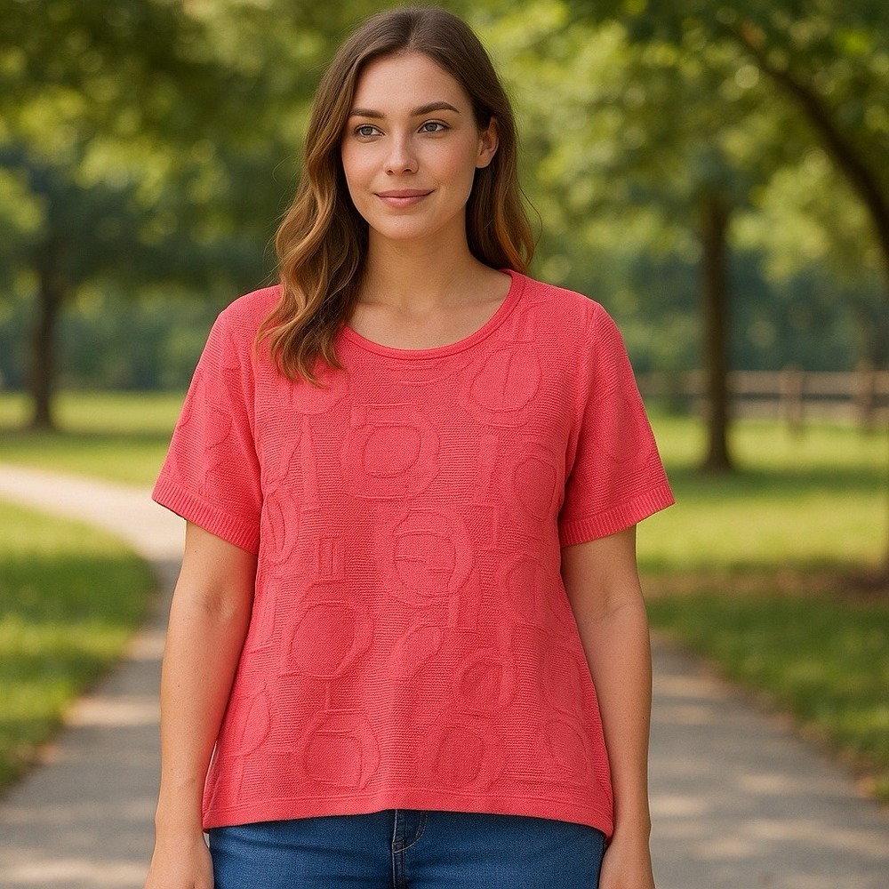 Skovhuus Knit Top Womens‎ XL Coral Pink Floral Jacquard Scandi Euro Retro Knit